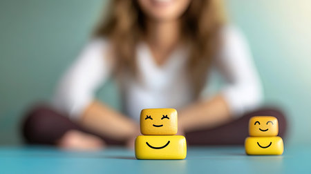 Smiling and happy face emoticons on wooden cubes with young woman in backgroundの写真素材
