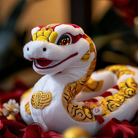 Chinese New Year decoration, closeup of a white snake on red backgroundの写真素材