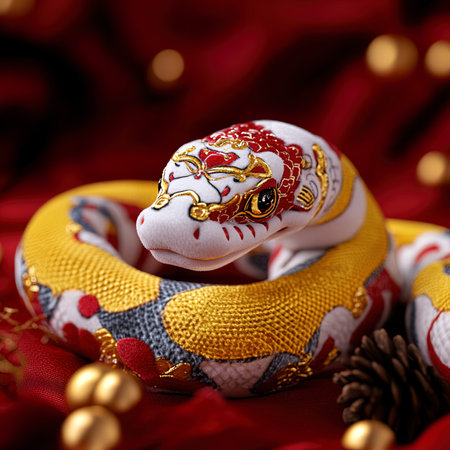Closeup of golden snake on red background with bokeh effectの写真素材