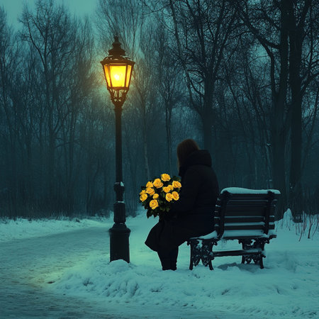 Person with bouquet of flowers sitting on bench in winter parkの写真素材