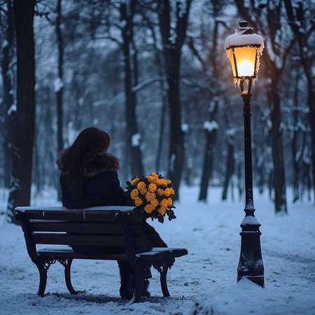 Woman sitting on a bench in the winter park with a bouquet of flowers.の写真素材