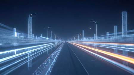 Futuristic road with motion blur in the city at night.の写真素材