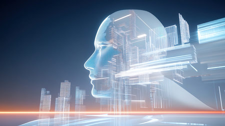 Digital composite of 3D head against blue background with city and lights