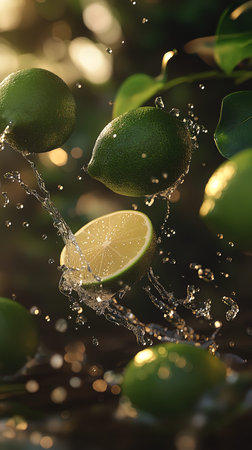 Fresh limes falling into water with splash on blurred background, closeup