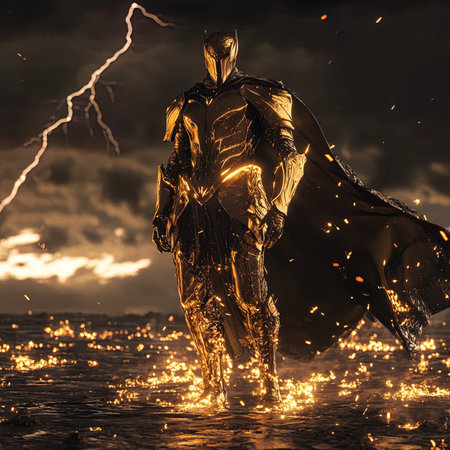 3D Illustration of a fantasy warrior in the sea with lightningの写真素材