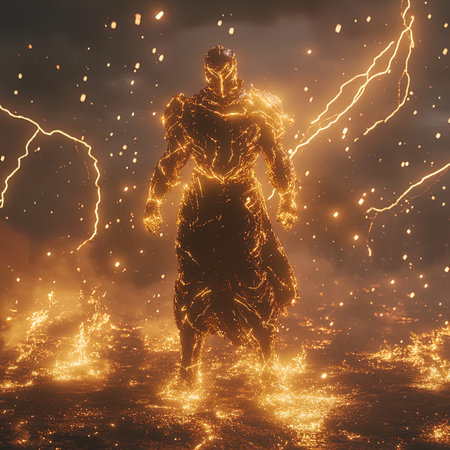 Fantasy illustration of a man with lightning in the sky. 3d renderingの写真素材