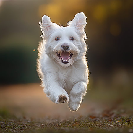 West highland white terrier jumping in the air on a sunny dayの写真素材