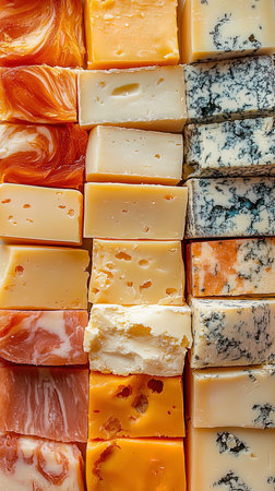 Assortment of different types of cheese as background. Top view.の写真素材