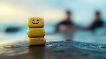 Yellow smiley face on a stack of stones on the beach.の写真素材