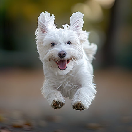 Cute West Highland White Terrier dog jumping in the air.の写真素材