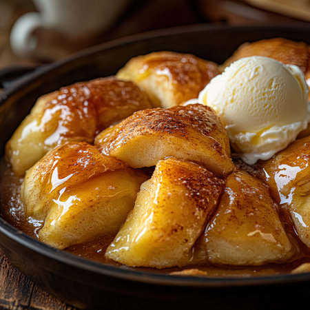 Apple strudel with vanilla ice cream in a baking dish.の写真素材