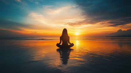 Silhouette of woman practicing yoga on the beach at sunset.の写真素材