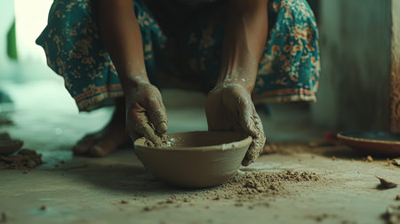 Potter making clay pottery on pottery wheel, close upの写真素材