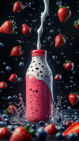 Strawberry smoothie in a bottle with splashes on a black backgroundの写真素材