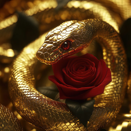 Golden snake with red rose on golden background. Shallow depth of field
