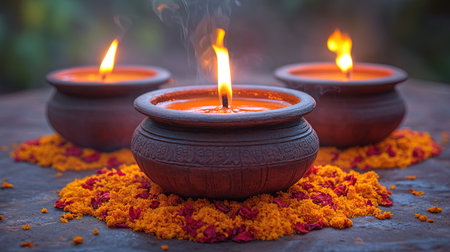 Indian Festival Diwali, Clay Diya lamps lit on colorful rangoli. Hindu traditional.の写真素材