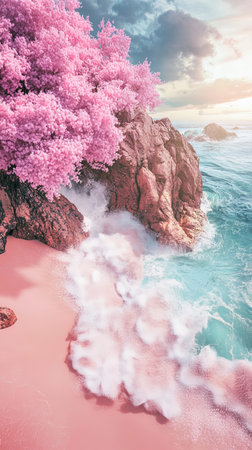 Beautiful seascape with pink flowers. Composition of nature.