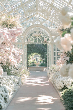 Flower garden with white flowers and green plants in botanical gardenの写真素材