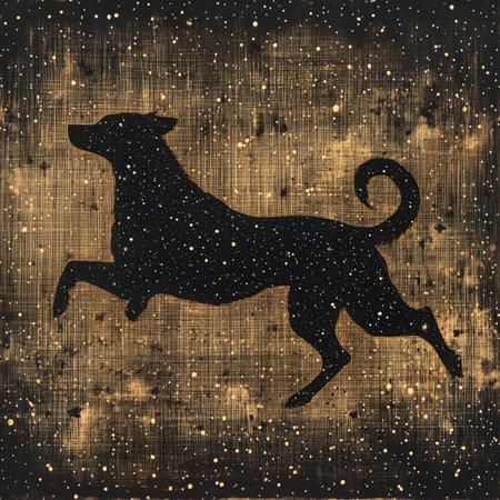 Silhouette of a dog on a background of the night sky.の写真素材