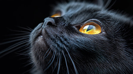 Close up of a black cat's eye with yellow eyes, isolated on black background