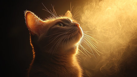 Portrait of a ginger cat on a dark background with smoke.の写真素材
