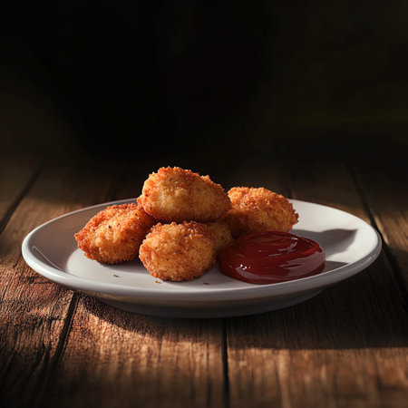 chicken nuggets with ketchup on wooden table, close upの写真素材