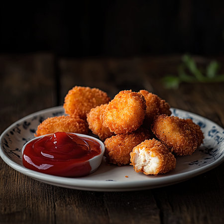 Crispy fried chicken nuggets with ketchup, selective focusの写真素材