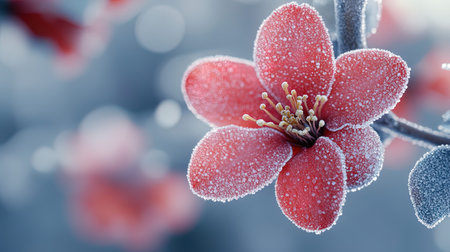 Frozen red flower with ice crystals on the branches in winter.の写真素材