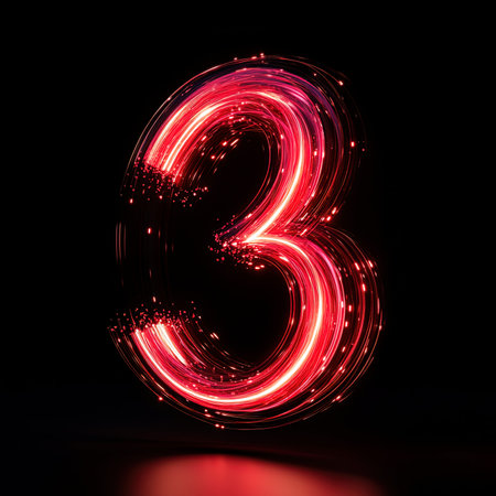 Number three, neon sign, light painting on the black background.の写真素材