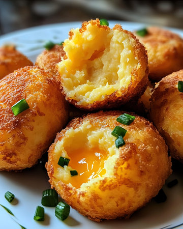 Potato croquettes with egg yolk and green onions.