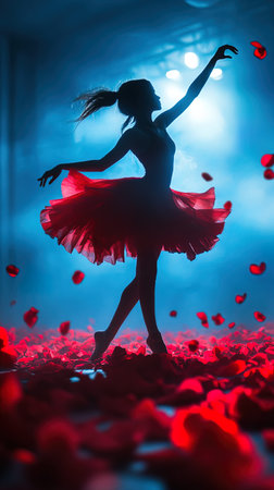 Silhouette of ballerina in red tutu dancing among rose petalsの写真素材