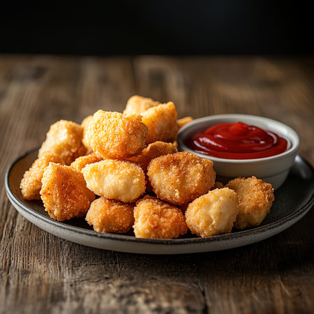 Crispy fried chicken nuggets with ketchup on wooden tableの写真素材