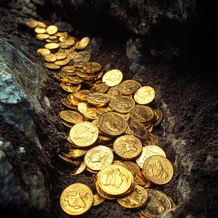 Gold coins in the ground. Treasure and wealth concept. Selective focus. Toned.の写真素材