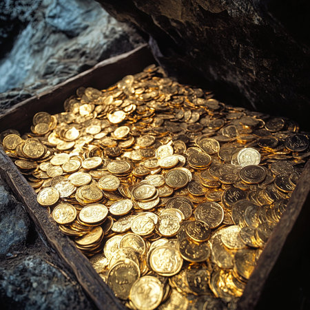 Treasure chest full of gold coins in cave. Treasure concept.の写真素材
