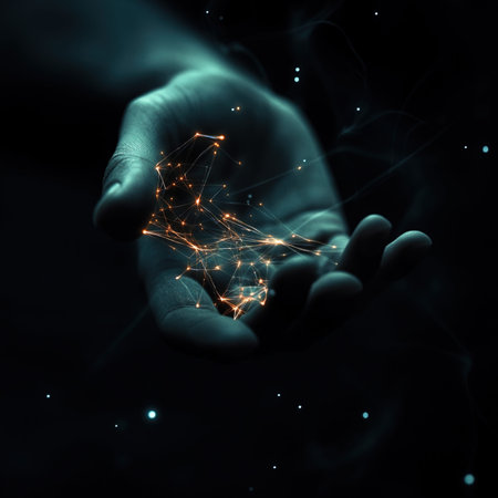 Man hand holding glowing polygonal network on dark background. 3D renderingの写真素材