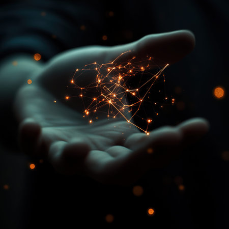 Man hand holding abstract polygonal wireframe network connection on dark backgroundの写真素材