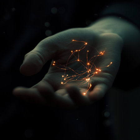 Close up of man hand holding network connection on dark background 3D renderingの写真素材