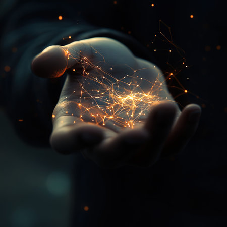 Close up of man hand holding glowing polygonal network on dark backgroundの写真素材
