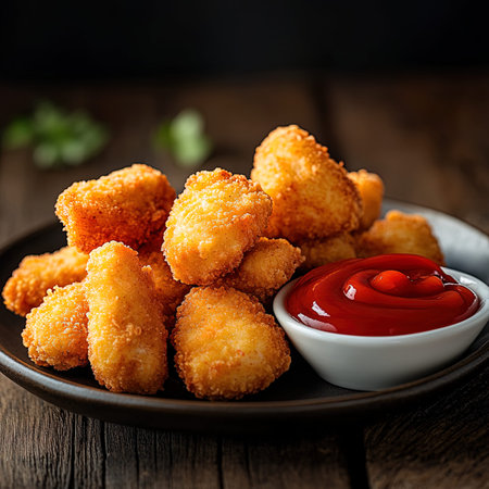 Crispy fried chicken nuggets with ketchup on wooden backgroundの写真素材