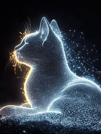 Digital illustration of a cat made of particles. 3D rendering.の写真素材