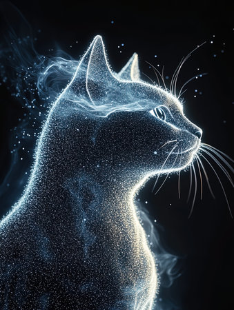 Digital Illustration of a Cat with Glowing Smoke in the Darkの写真素材