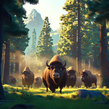 Bison in the forest. 3D render. Illustration.の写真素材