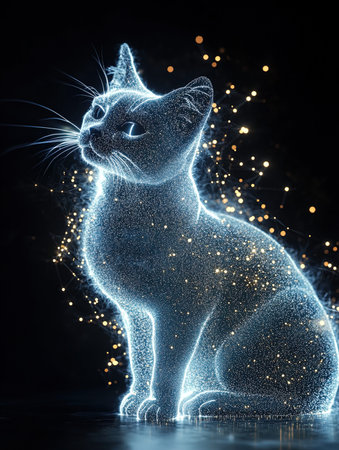 Abstract blue cat with sparkles on a black background. 3d renderingの写真素材