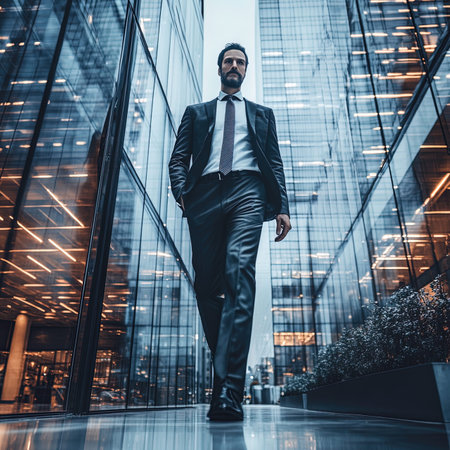 Portrait of a confident businessman standing in front of a modern office building.の写真素材