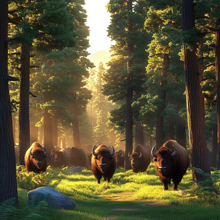 Bison in the forest at sunset. 3d render illustration.の写真素材