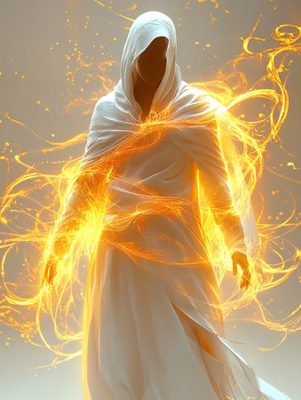 Digital illustration of a woman in a white robe with lightning in her hairの写真素材