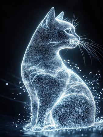 3D illustration of a cat made of particles on a dark backgroundの写真素材