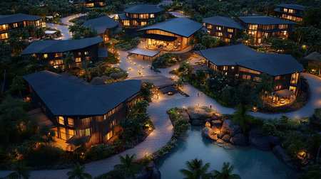 Aerial view of the hotel in the tropics at night.の写真素材