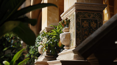 Interior of a hotel room with stone stairs, plants and flowers