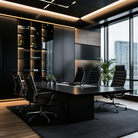 Interior of modern meeting room with black and wooden walls, concrete floor, long black table with...
